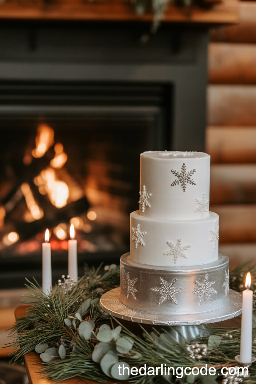 Winter Wonderland: White And Silver Wedding Cake With Snowflake Motifs