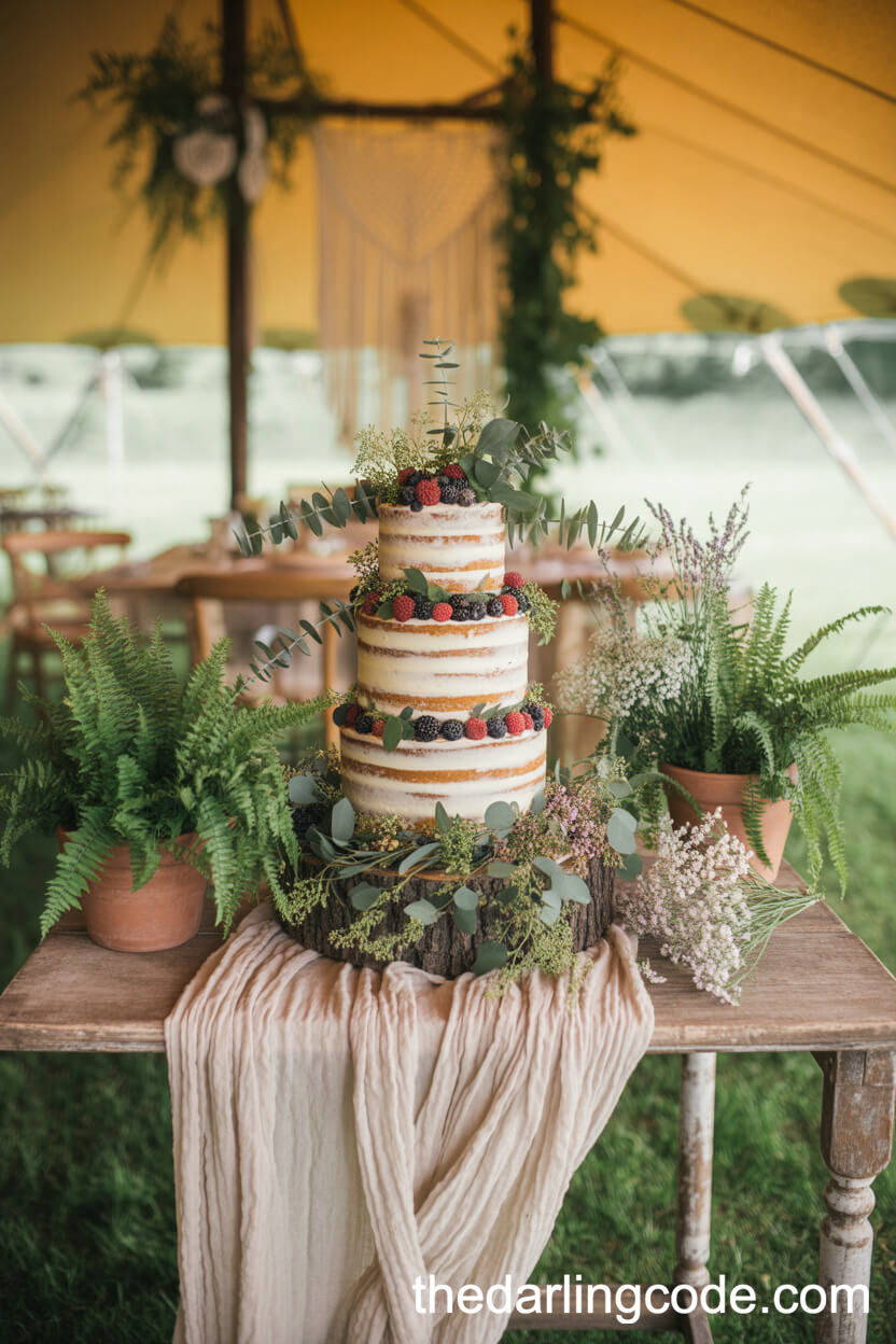 Boho Semi-Naked Wedding Cake With Greenery And Berries