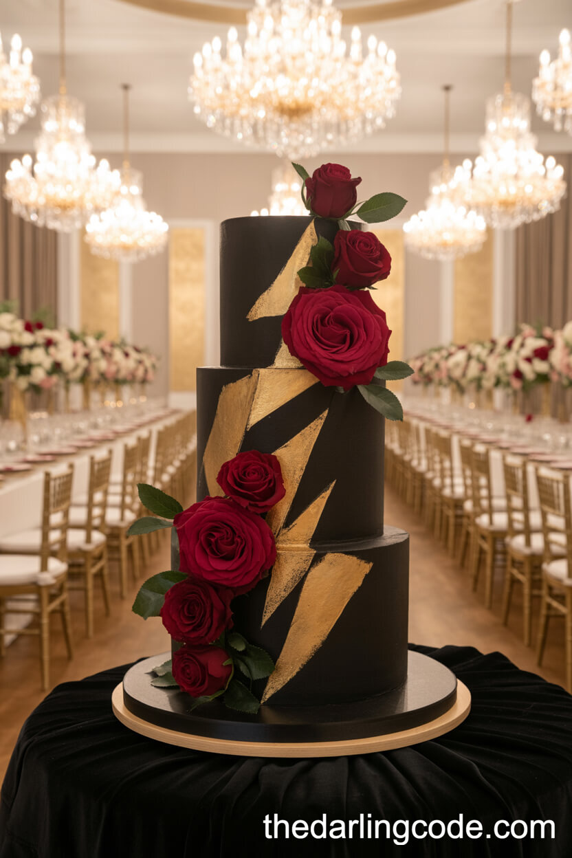 Glamorous Black And Gold Wedding Cake With Red Roses