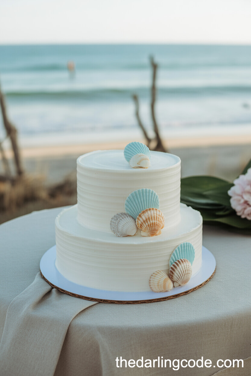 Seaside Charm: White Wedding Cake With Blue Accents And Edible Seashells