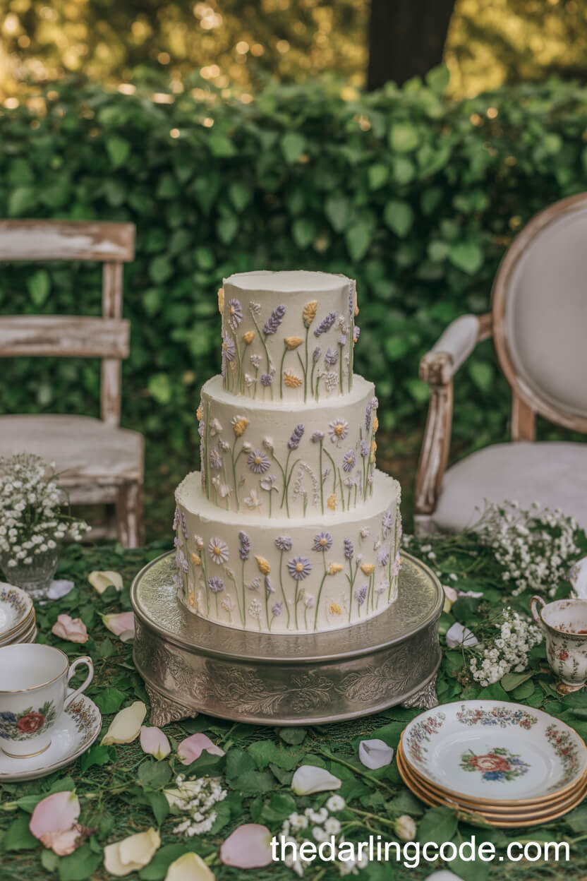 Buttercream Wedding Cake Decorated With Hand-Piped Wildflowers