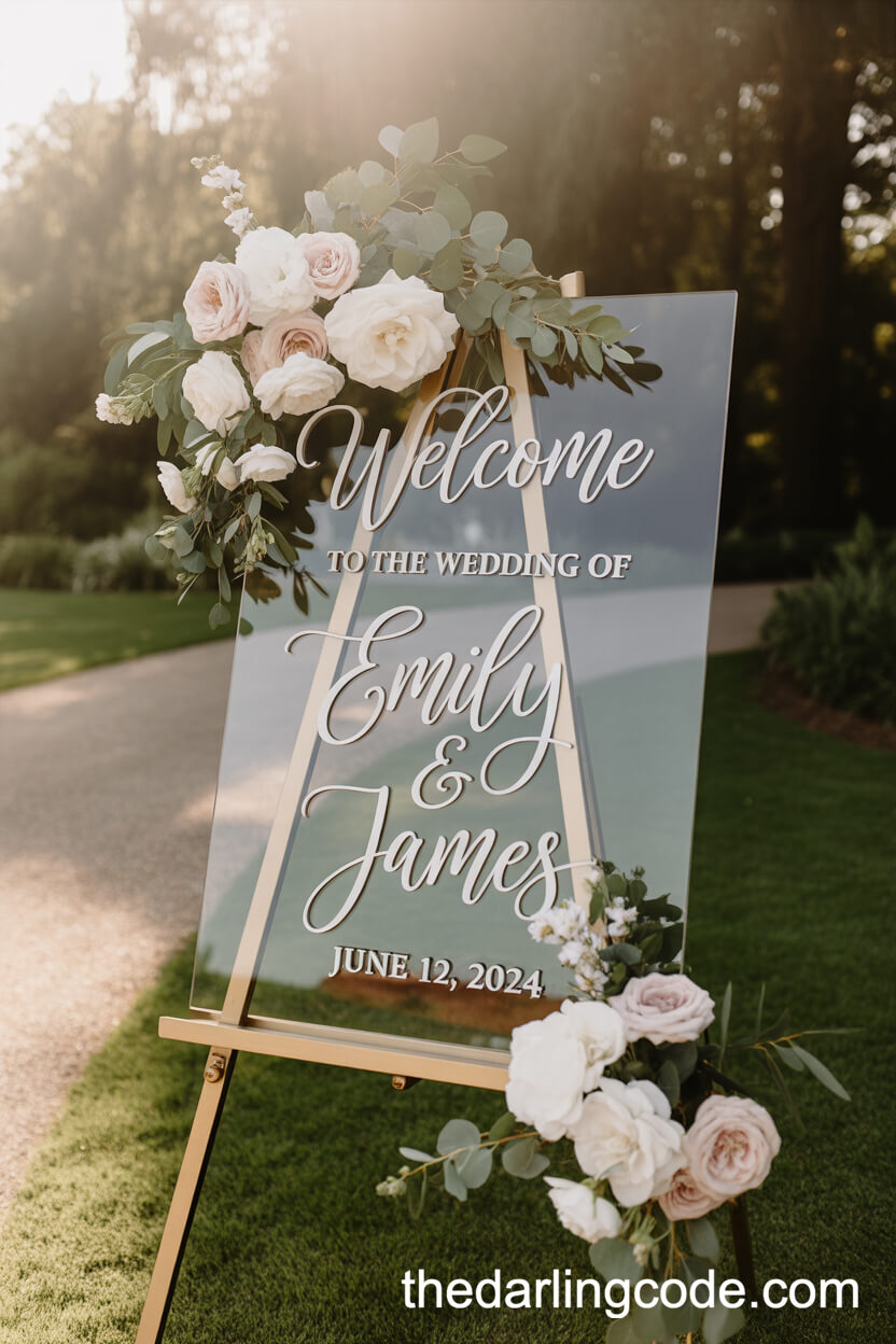 Elegant Acrylic Wedding Welcome Sign Surrounded By Blooms