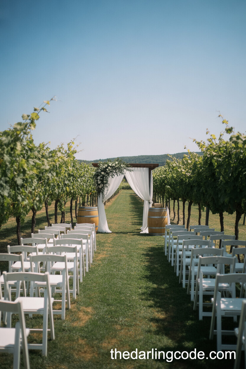 Vineyard Ceremony With Simple Wooden Arch And Wine Barrel Accents