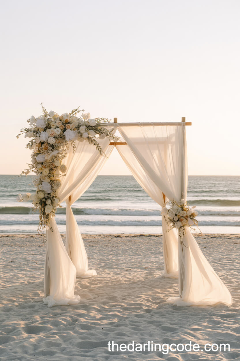 Beachfront Wedding Altar With Chiffon And Coastal Accents