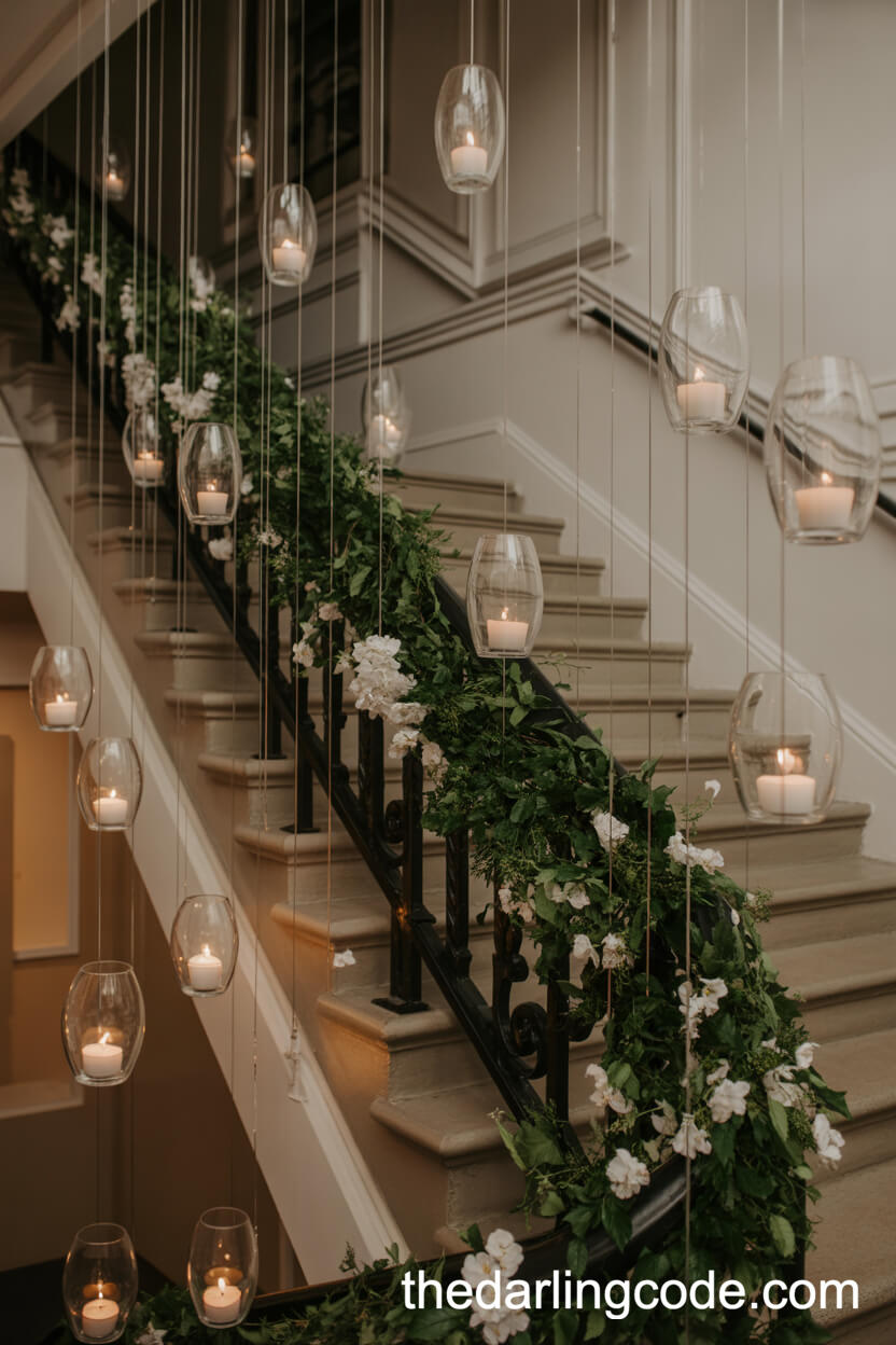 Staircase Garlanded With Greenery And Hanging Candles