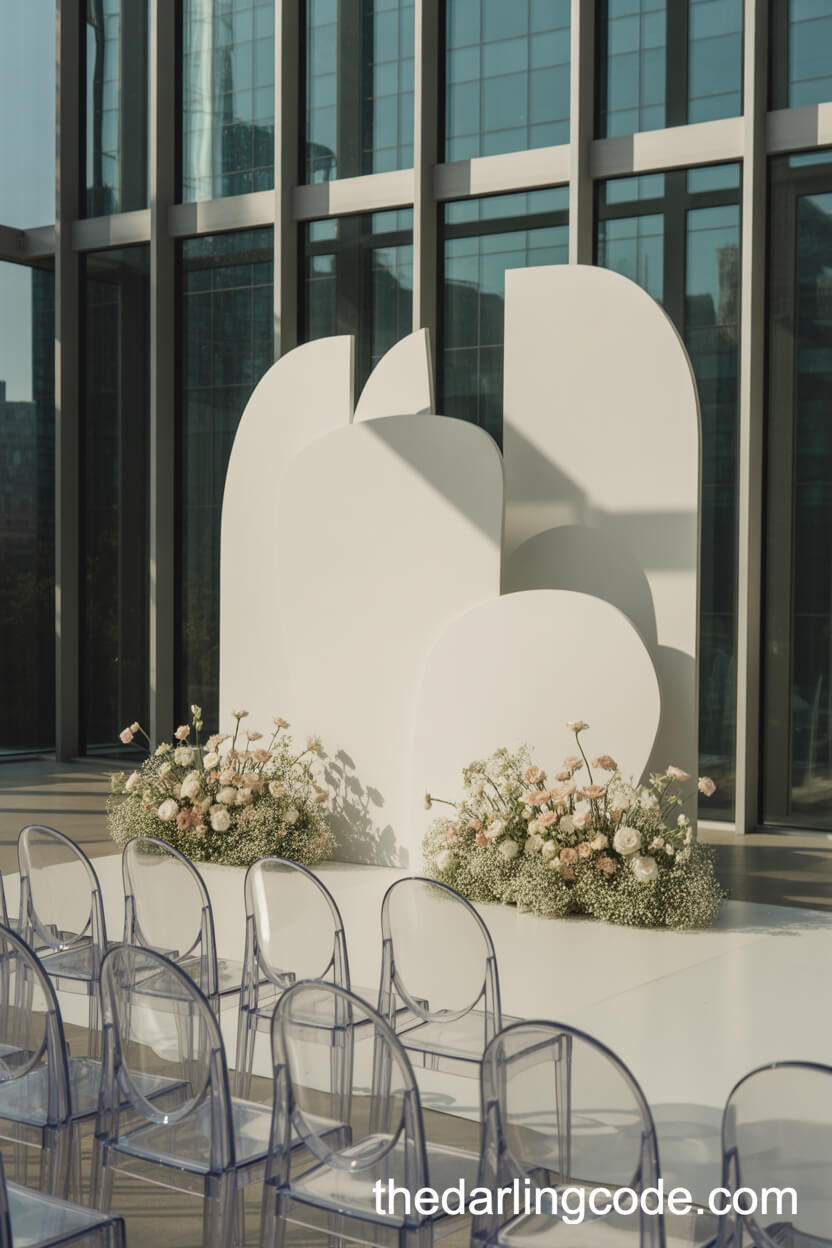 Minimalist Ceremony Space With Sculptural White Backdrop