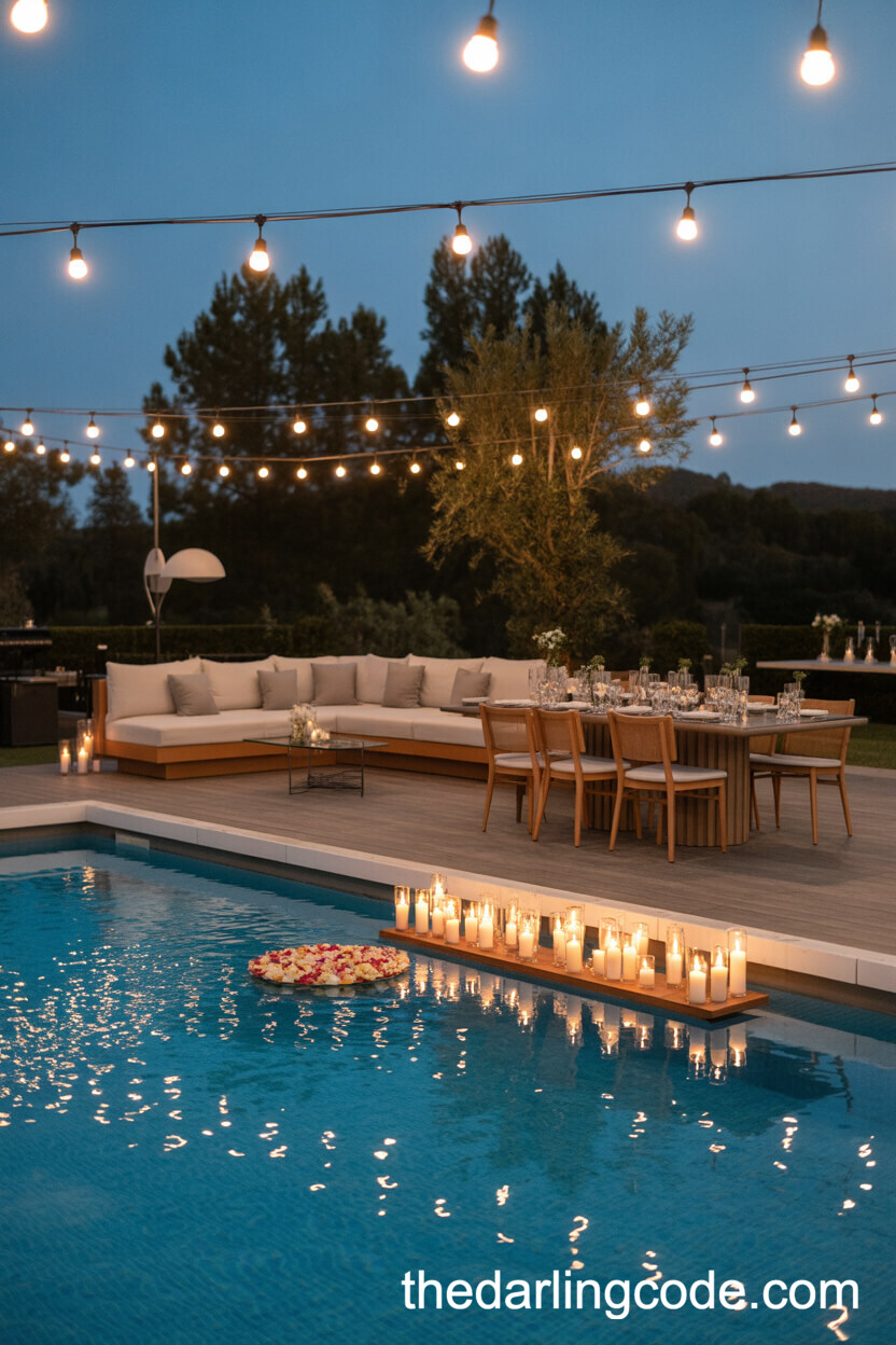 Dusk Poolside Reception With Floating Candles And Modern Lounge