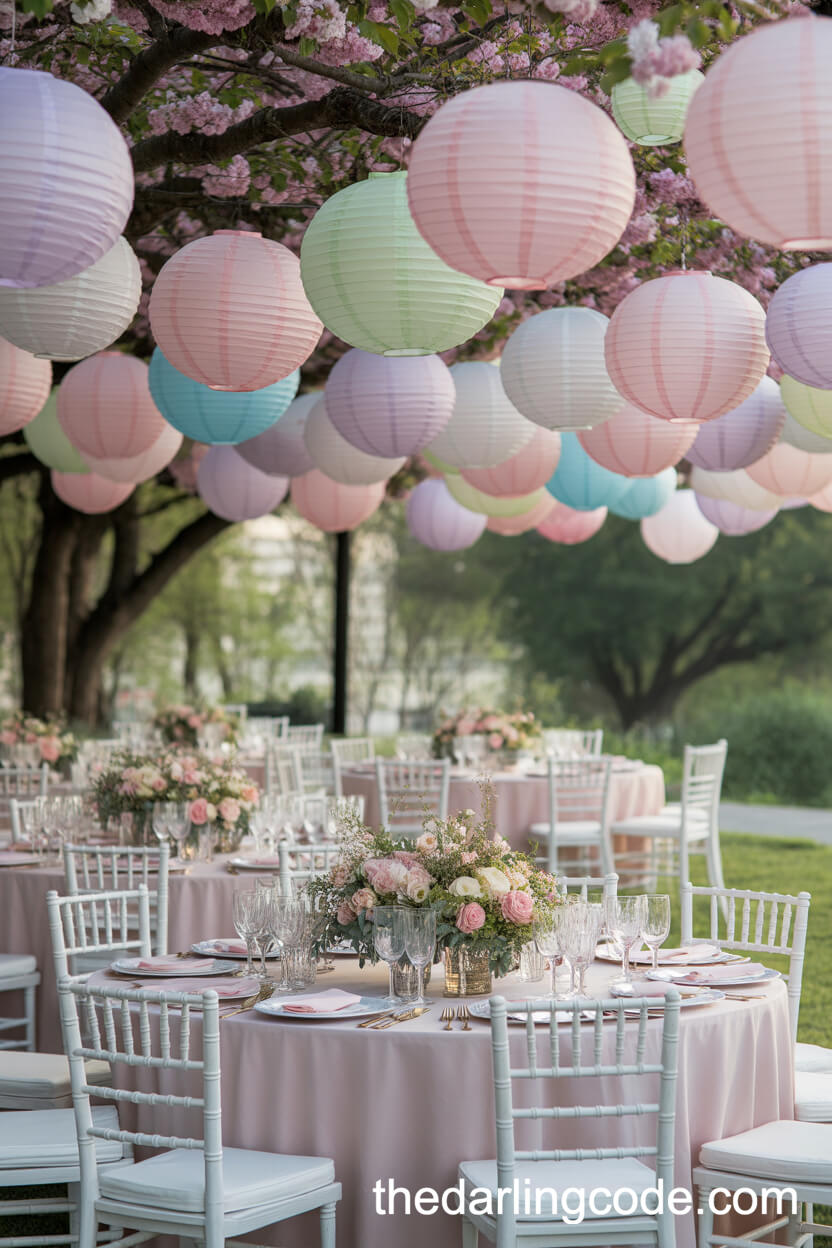 Garden Reception With Hanging Pastel Paper Lanterns