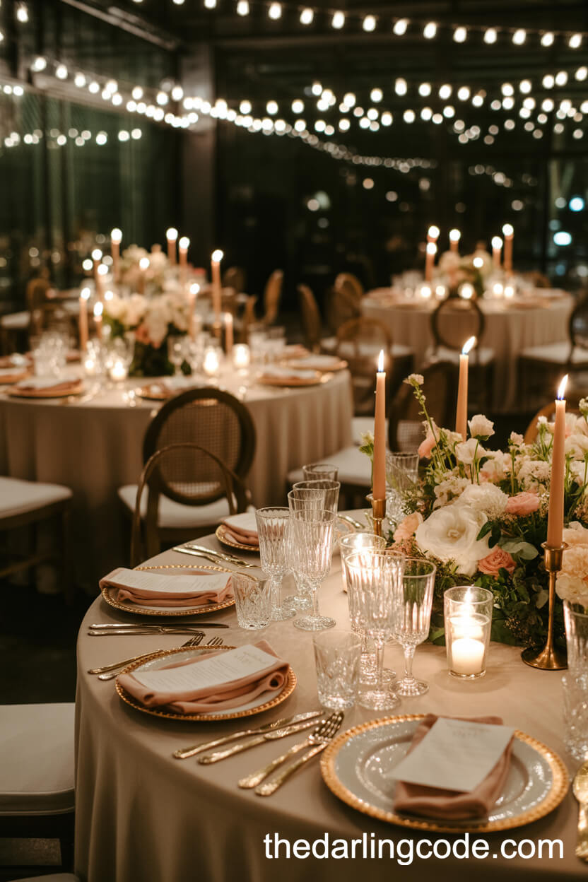 Ivory Linen Banquet Tables With Candlelight And Florals
