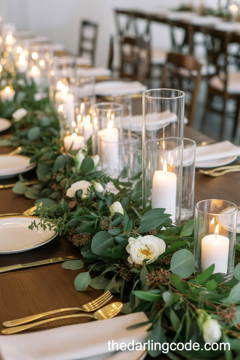 Elongated Greenery Centerpieces With Candlelight