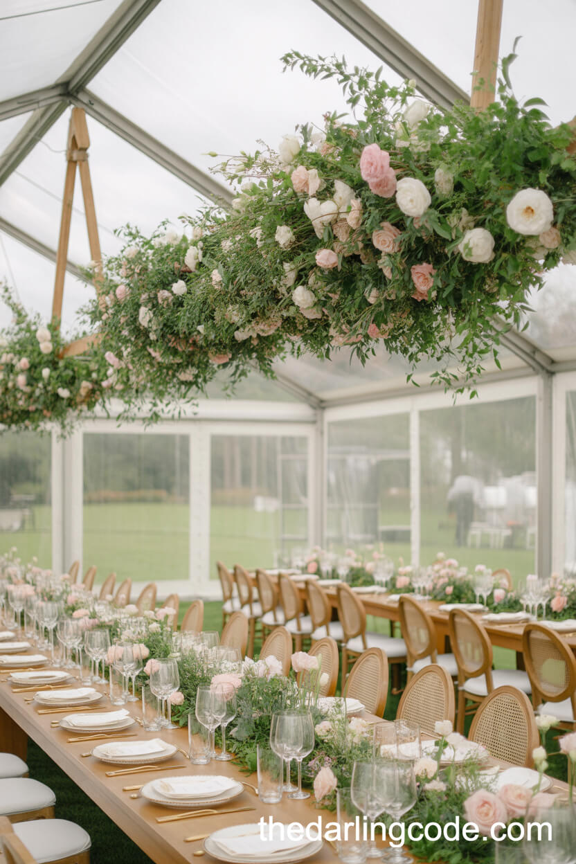Suspended Floral Installations In A Tented Reception