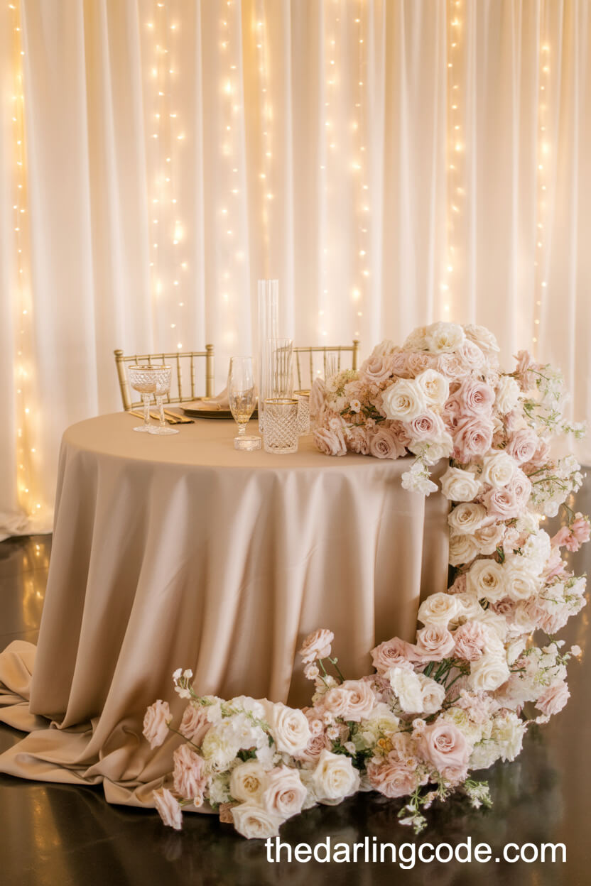 Sweetheart Table Adorned With Luxe Florals And Fairy Lights