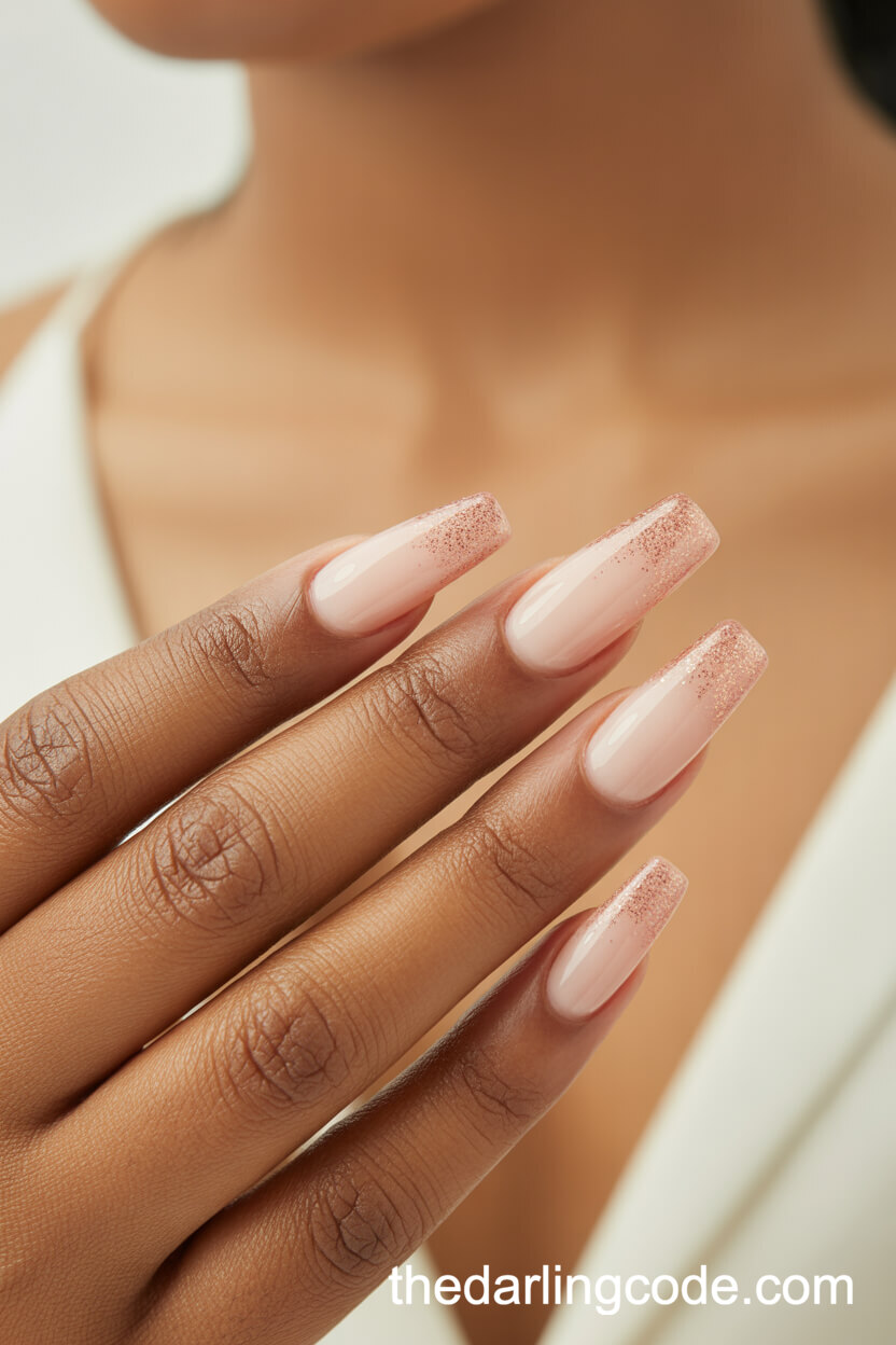 Coffin-Shaped Nude Nails With Rose Gold Glitter Gradient
