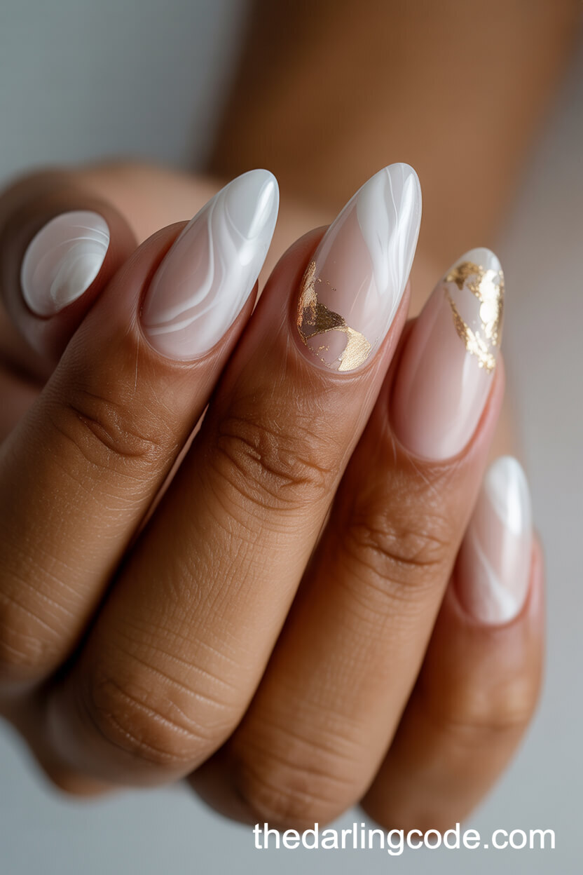Almond Marble Nails With Gold Foil Detailing