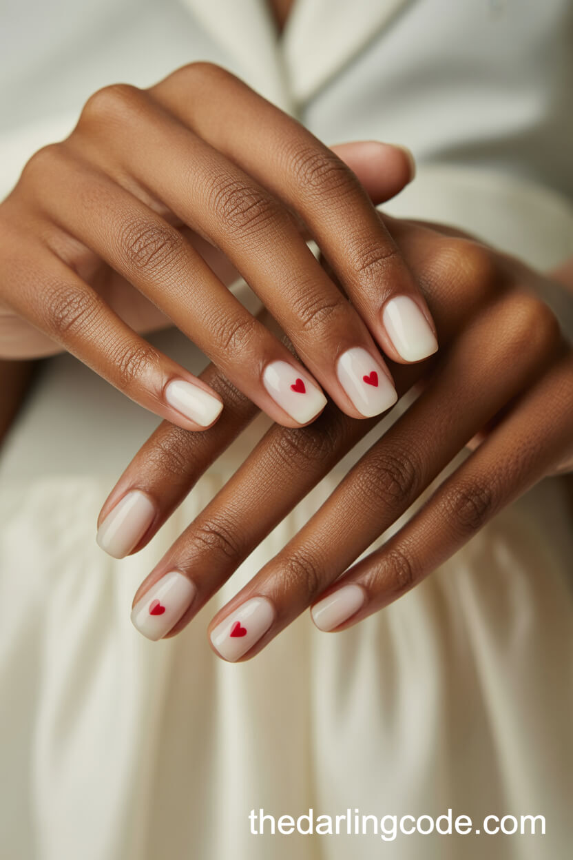 Square Milky White Nails With Heart Accents