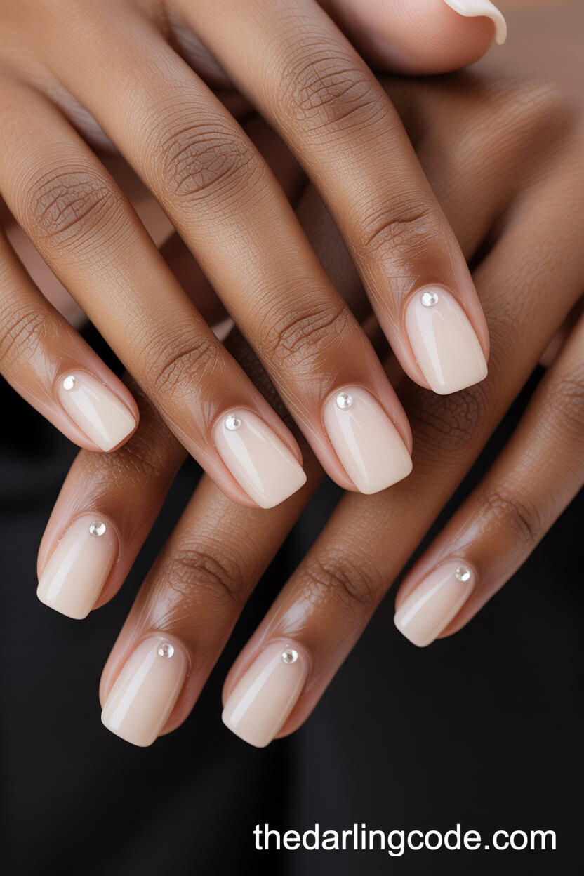 Short Square Beige Nails With Crystal Embellishments