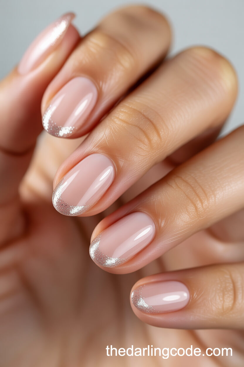 Oval Pink Nails With Silver Glitter-Tipped Ends