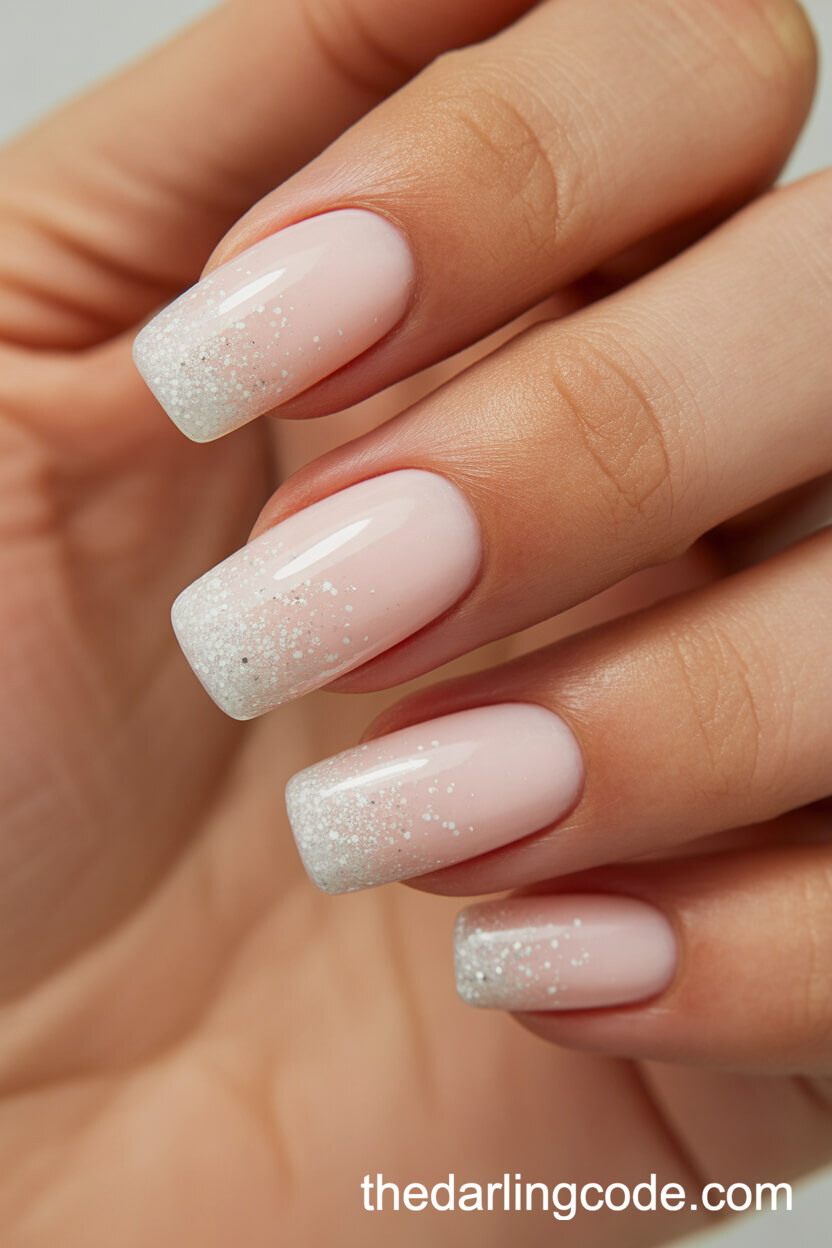 Coffin Pale Pink Nails With White And Silver Glitter Fade