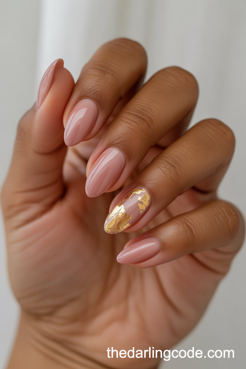 Almond Rose-Pink Nails With Gold Leaf Accents