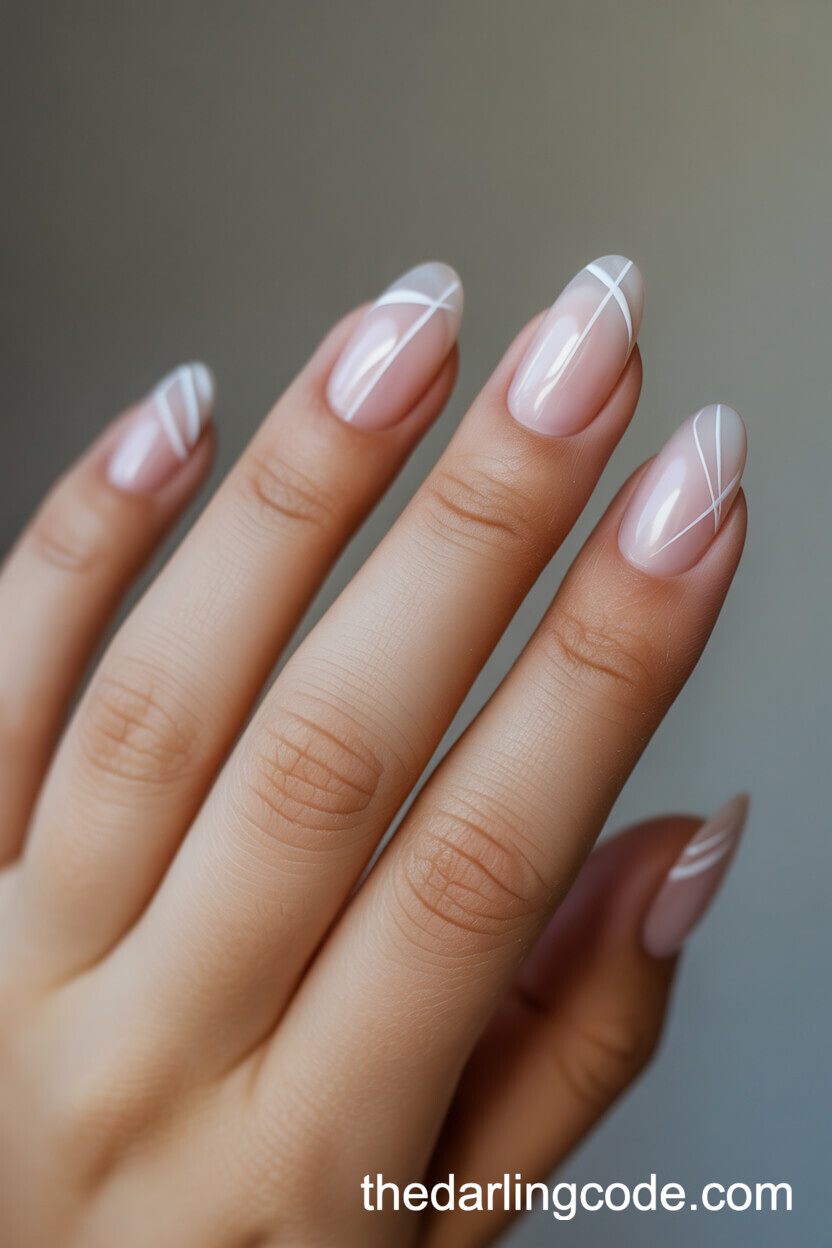 Short Oval Pink Nails With White Geometric Line Art