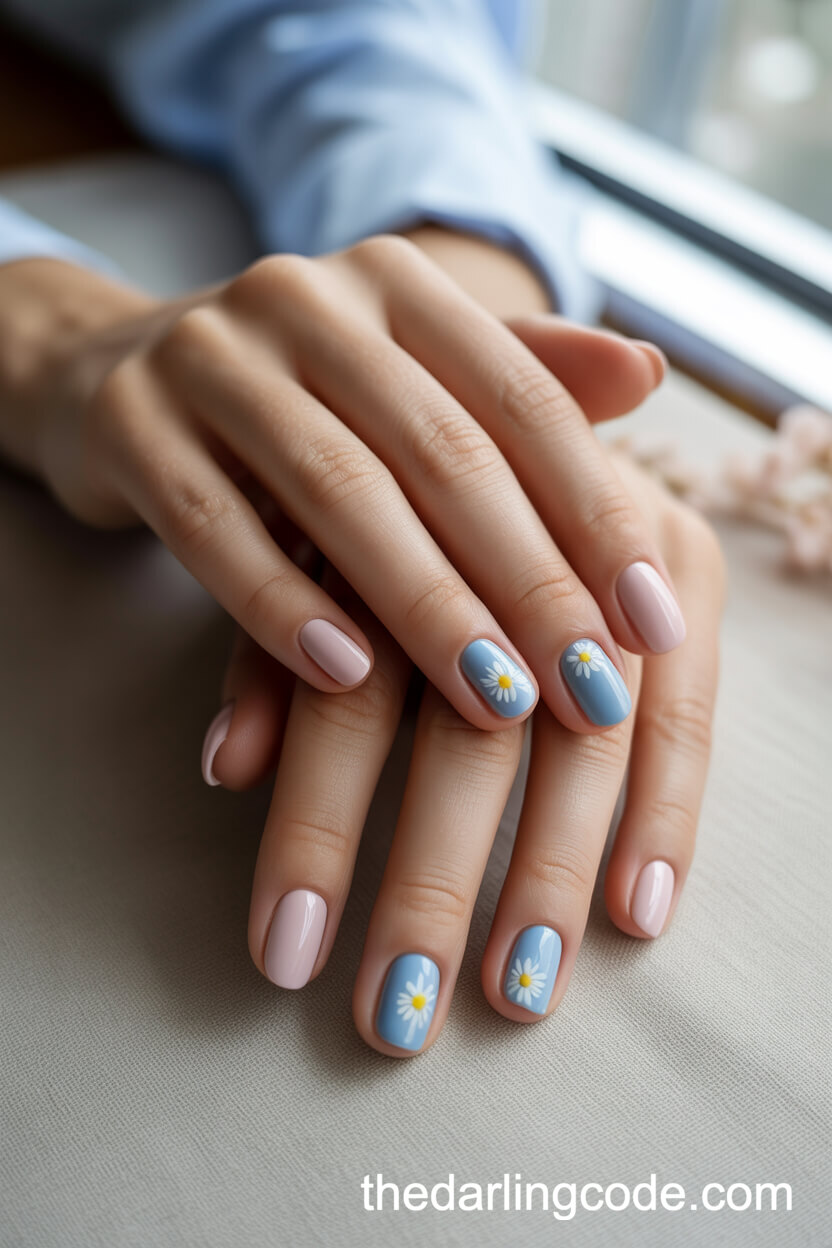 Short Rounded Pink And Blue Nails With Daisy Design