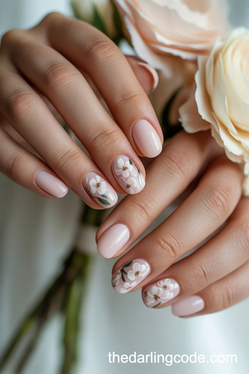 Medium Round Pale Pink Nails With Blush And White Floral Accents
