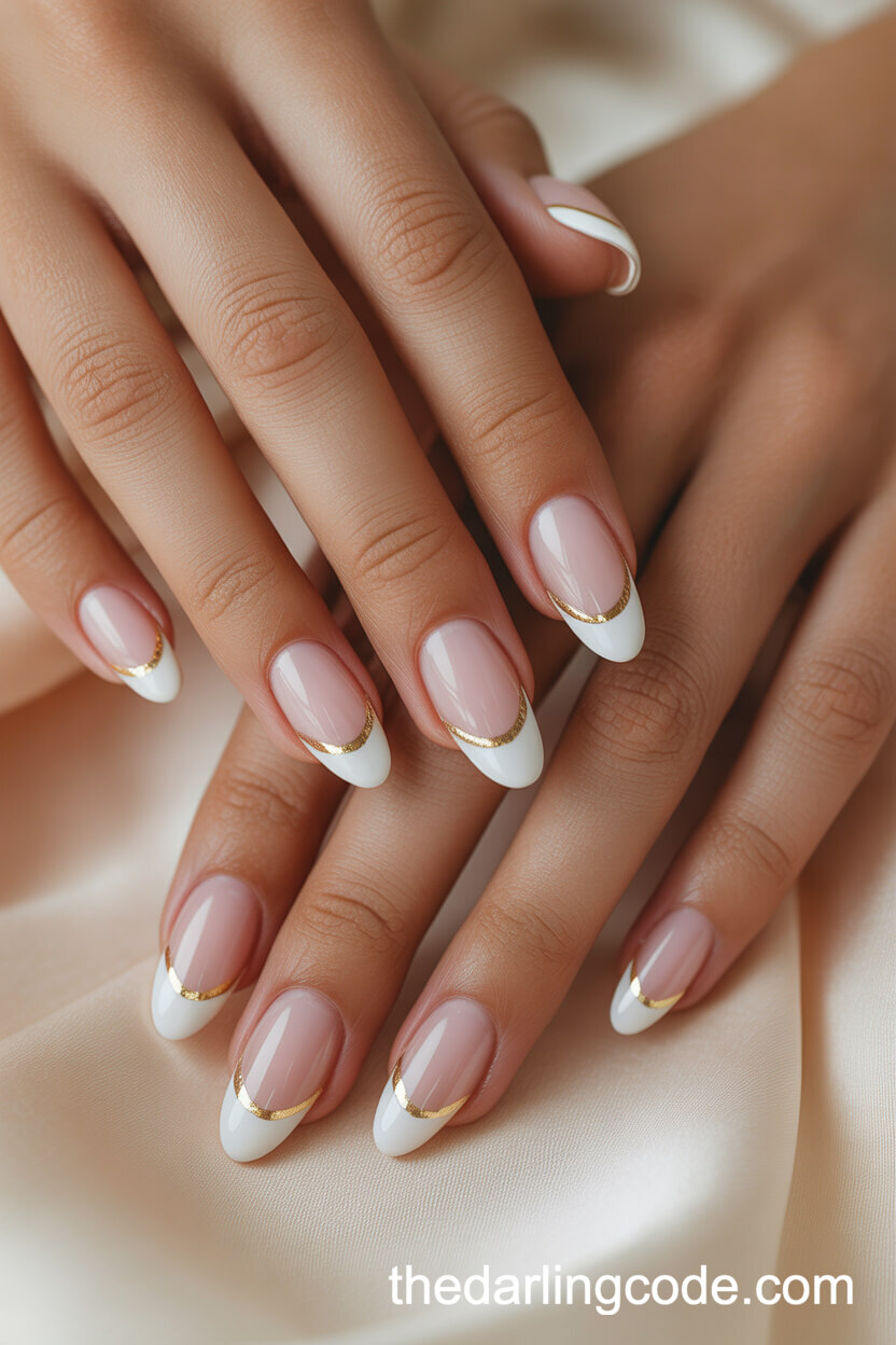Almond French Manicure Nails With Gold Metallic Outline