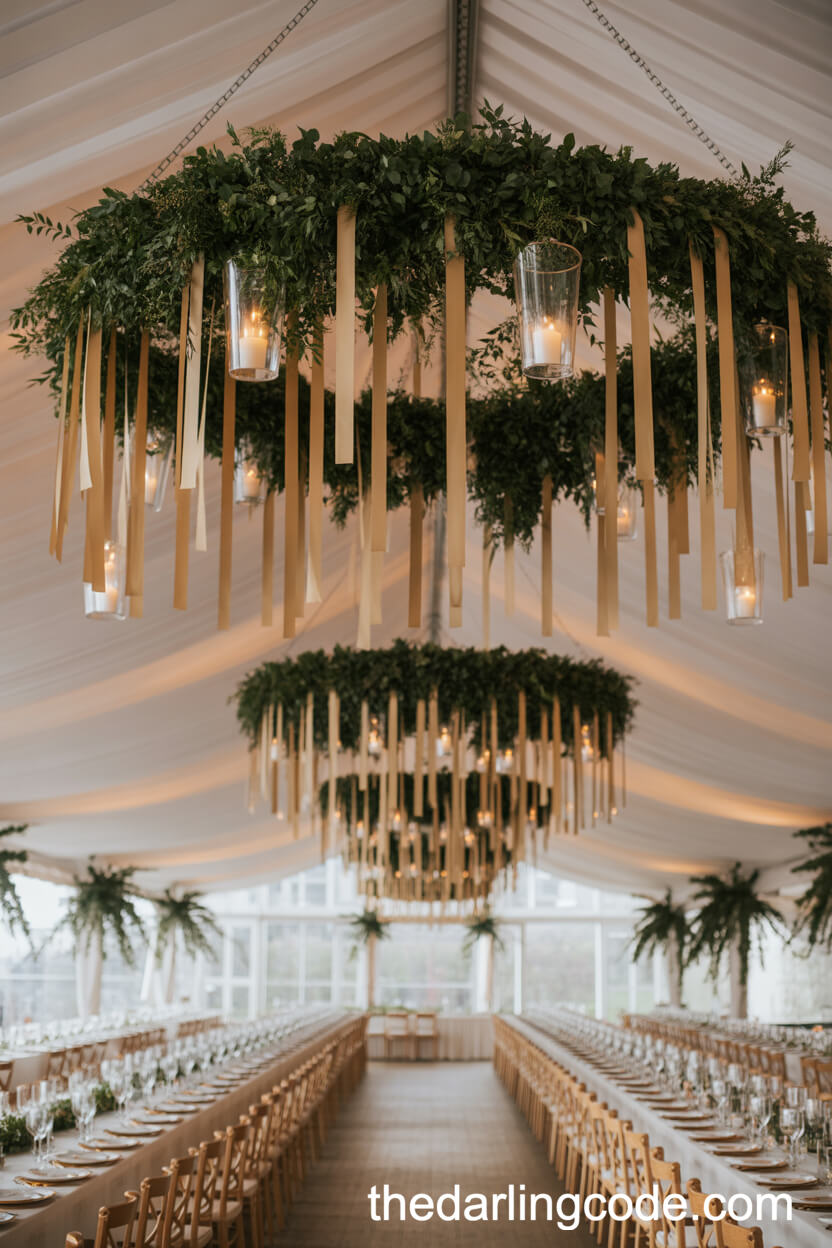 Greenery And Gold Ribbon Ceiling Installations