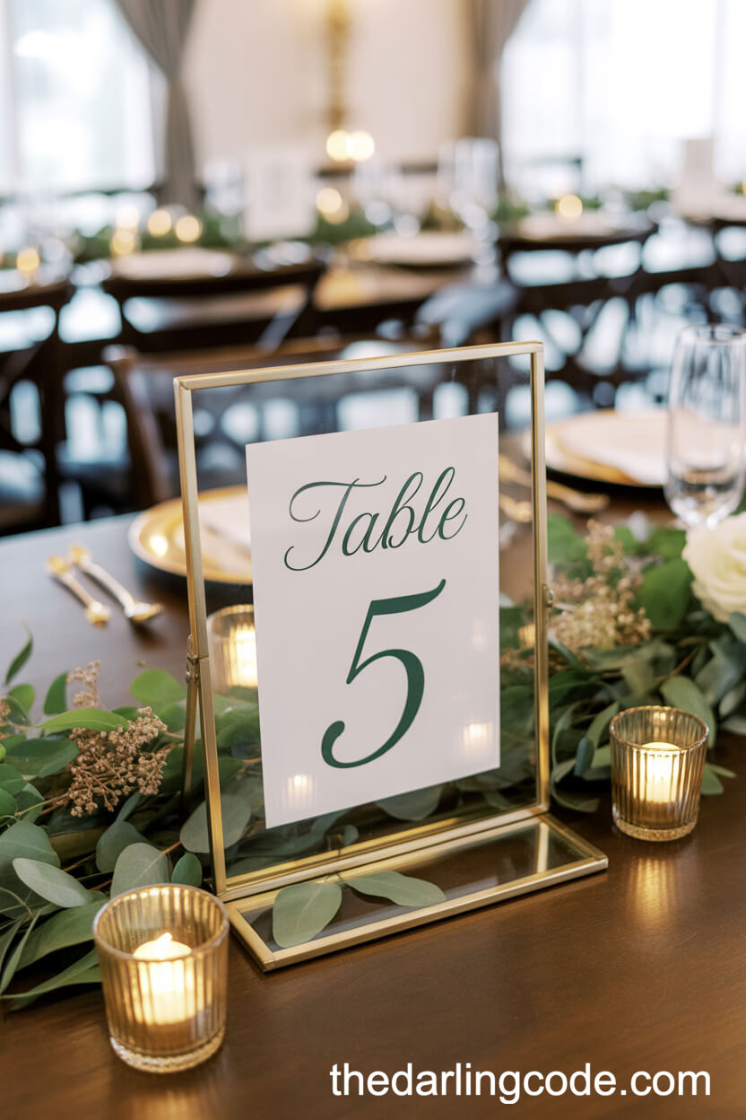 Gold-Framed Table Numbers With Emerald Accents