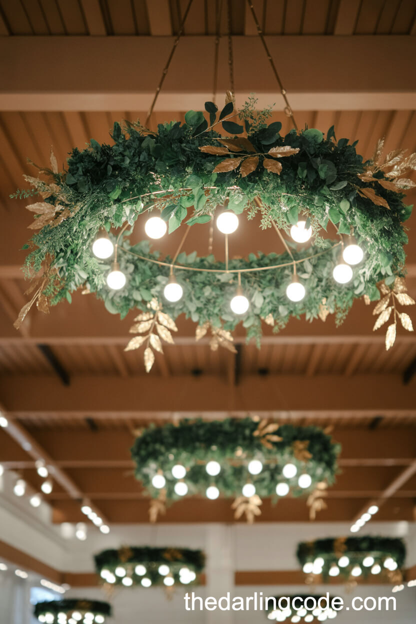 Floral Chandeliers With Emerald Greenery And Gold Leaves
