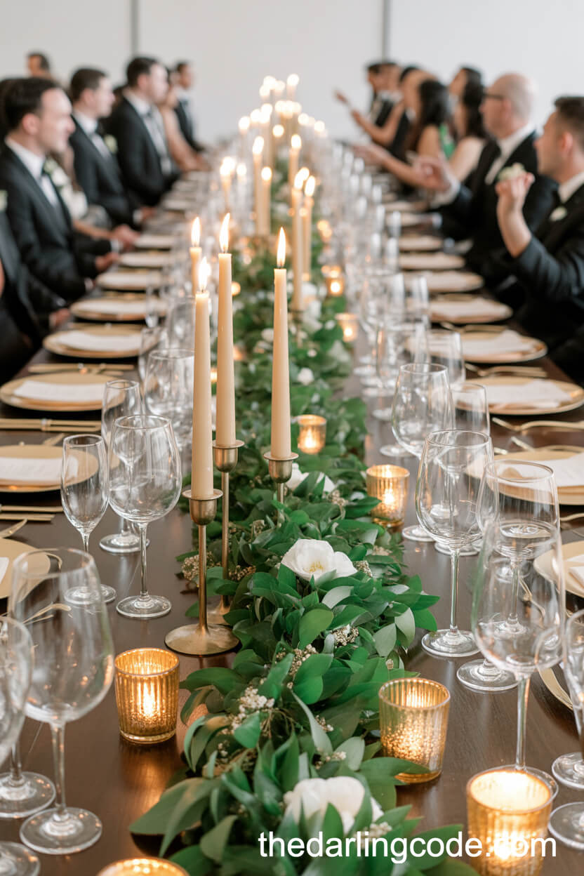 Long Banquet Table With Emerald Garland And Gold Candlesticks