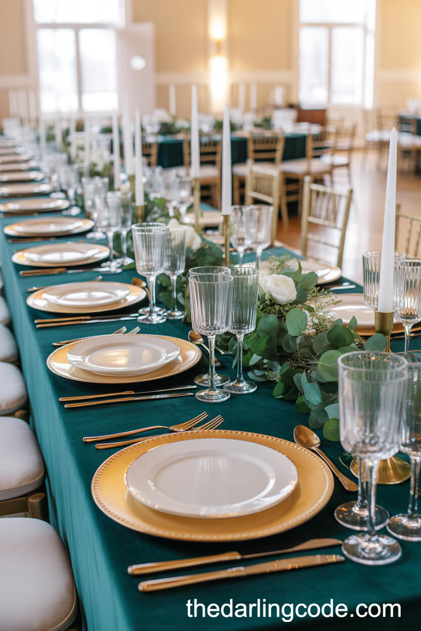 Reception Table With Emerald Velvet Runner And Gold Details