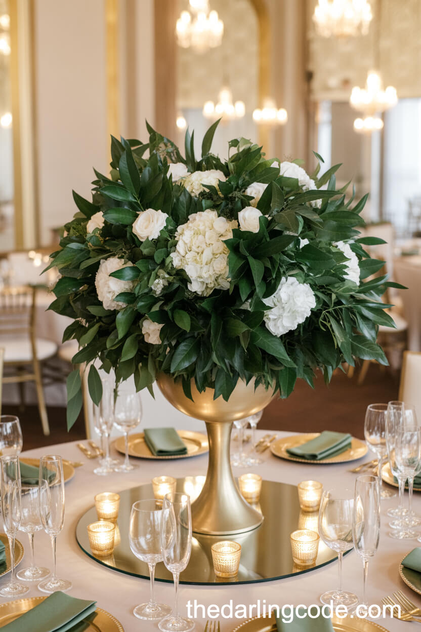 Low Gold Vase Centerpiece With Emerald Leaves