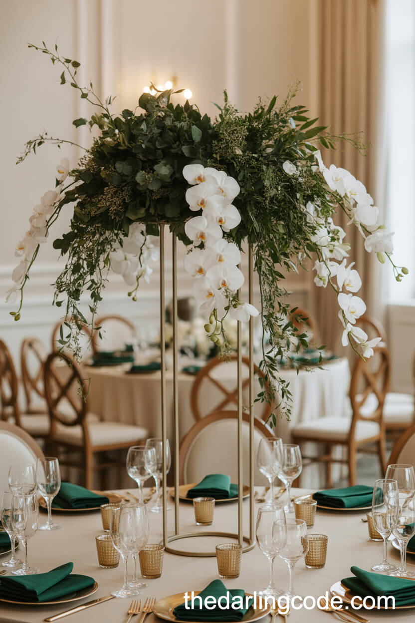 Elevated Gold Stand Centerpiece With Cascading Greenery
