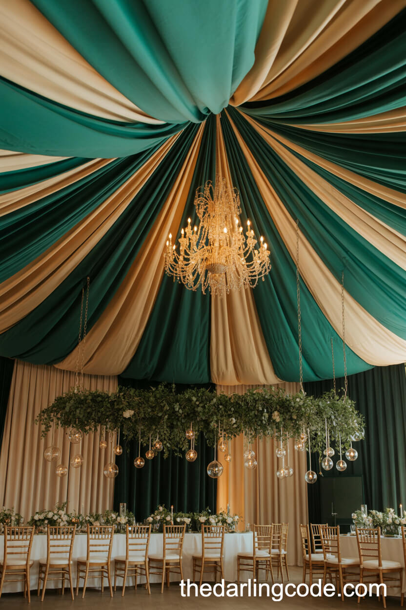 Ballroom Ceiling Draping With Emerald Green And Gold Fabrics