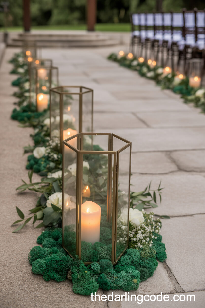 Aisle Decor With Gold Lanterns And Green Accents