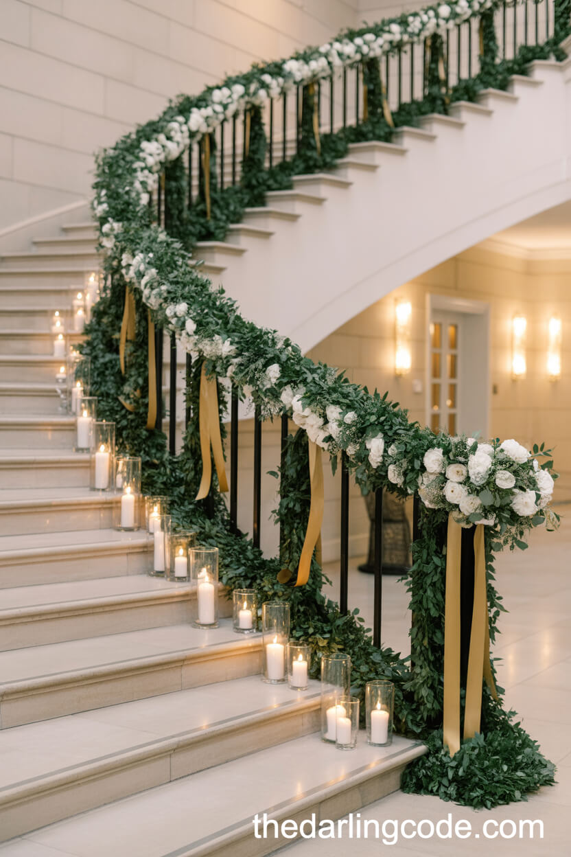 Staircase Garland With Emerald Green And Gold Highlights