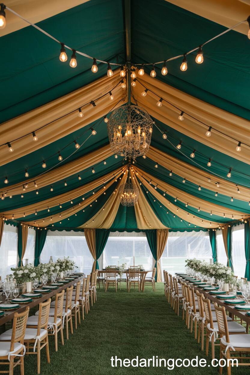 Tented Reception With Emerald And Gold Ceiling Drapes