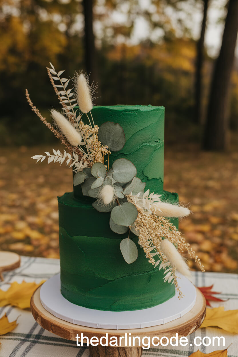Emerald Green Cake With Hand-Painted Buttercream And Dried Florals