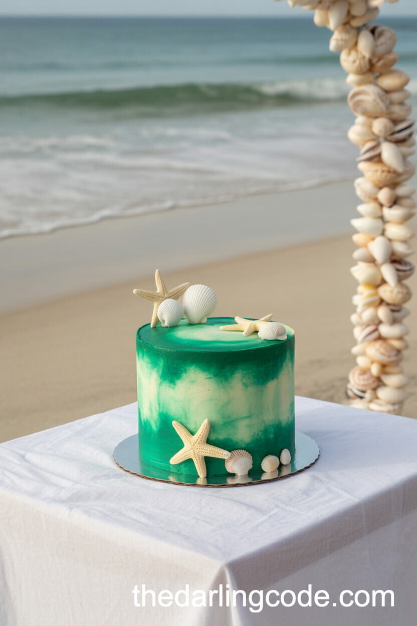 Emerald Green Tie-Dye Cake With Sugar Seashells And Starfish