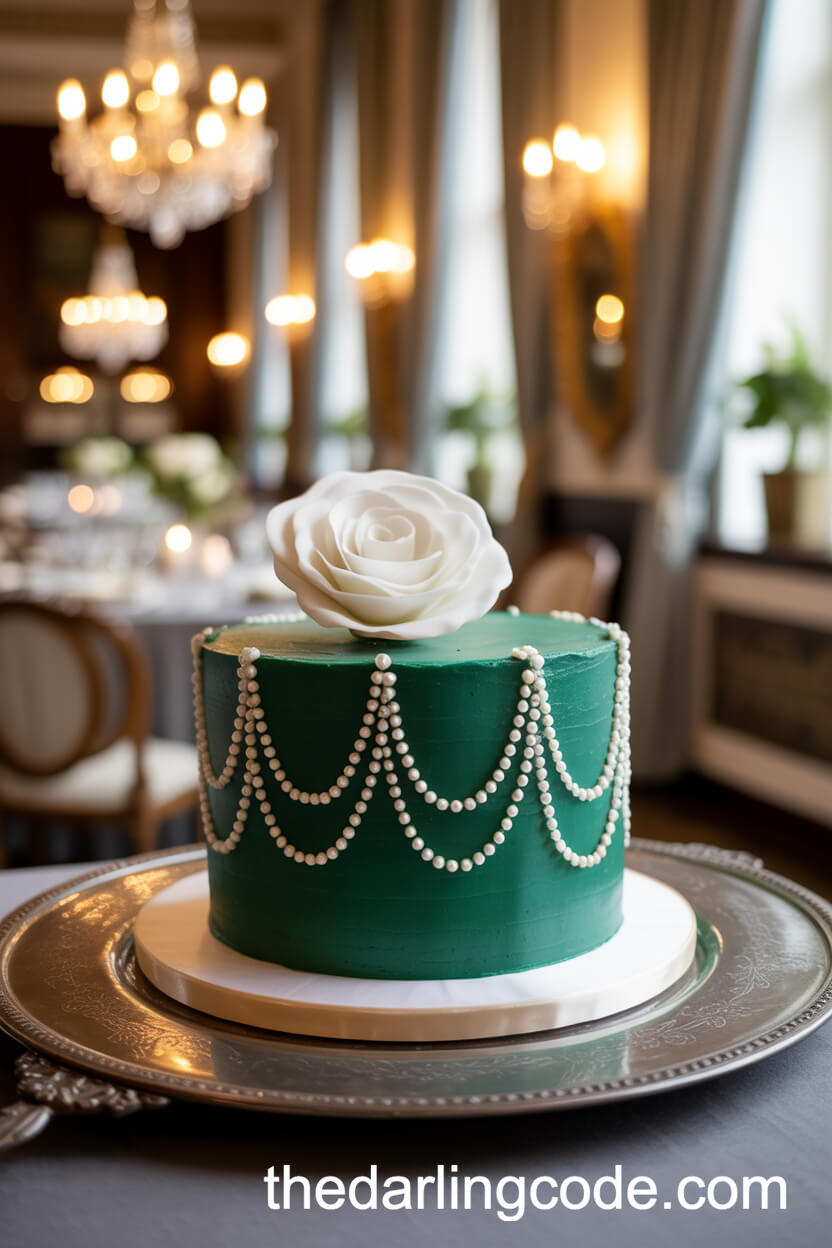 Vintage-Style Emerald Cake With Pearl Piping And Sugar Rose