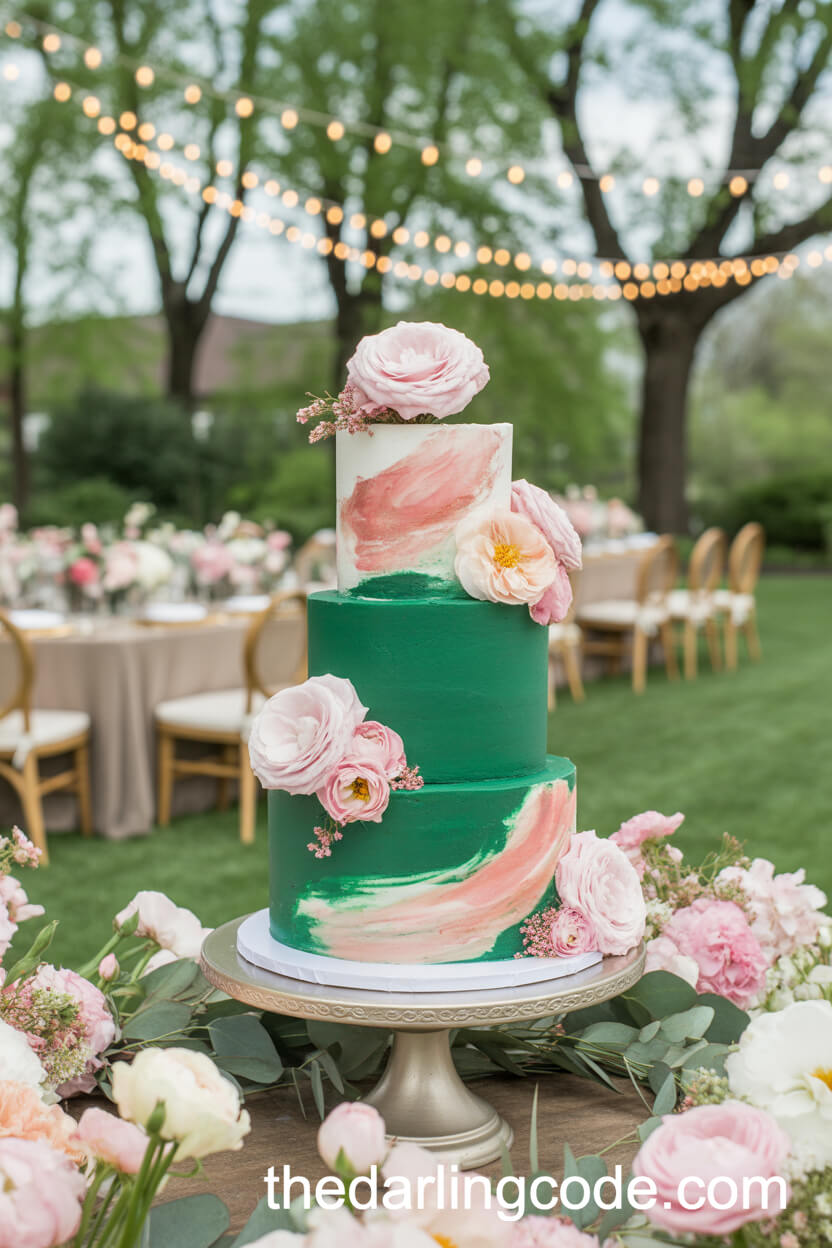 Three-Tier Emerald Cake With Blush Pink Watercolor And Floral CascadeThree-Tier Emerald Cake With Blush Pink Watercolor And Floral CascadeThree-Tier Emerald Cake With Blush Pink Watercolor And Floral Cascade