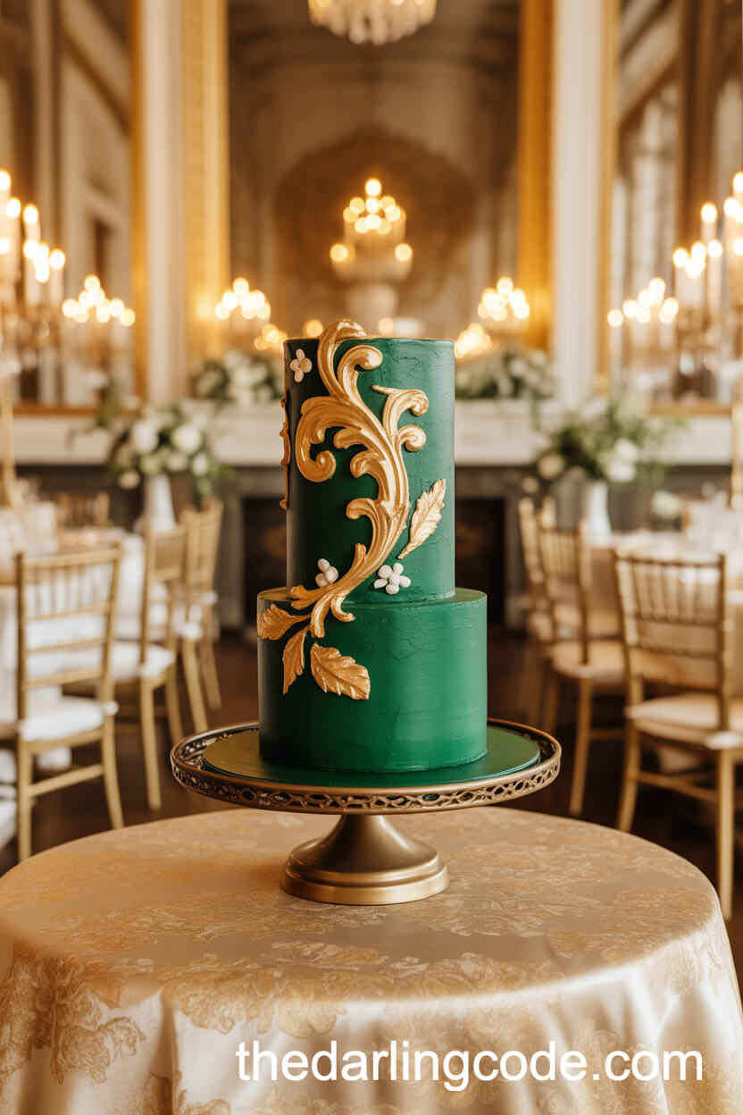 Baroque Emerald Green Cake With Gold Filigree And Sugar Flowers