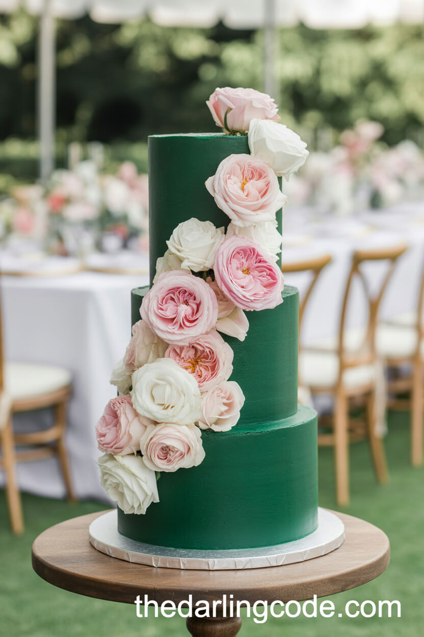 Tall Emerald Cake With A Cascade Of Fresh Roses
