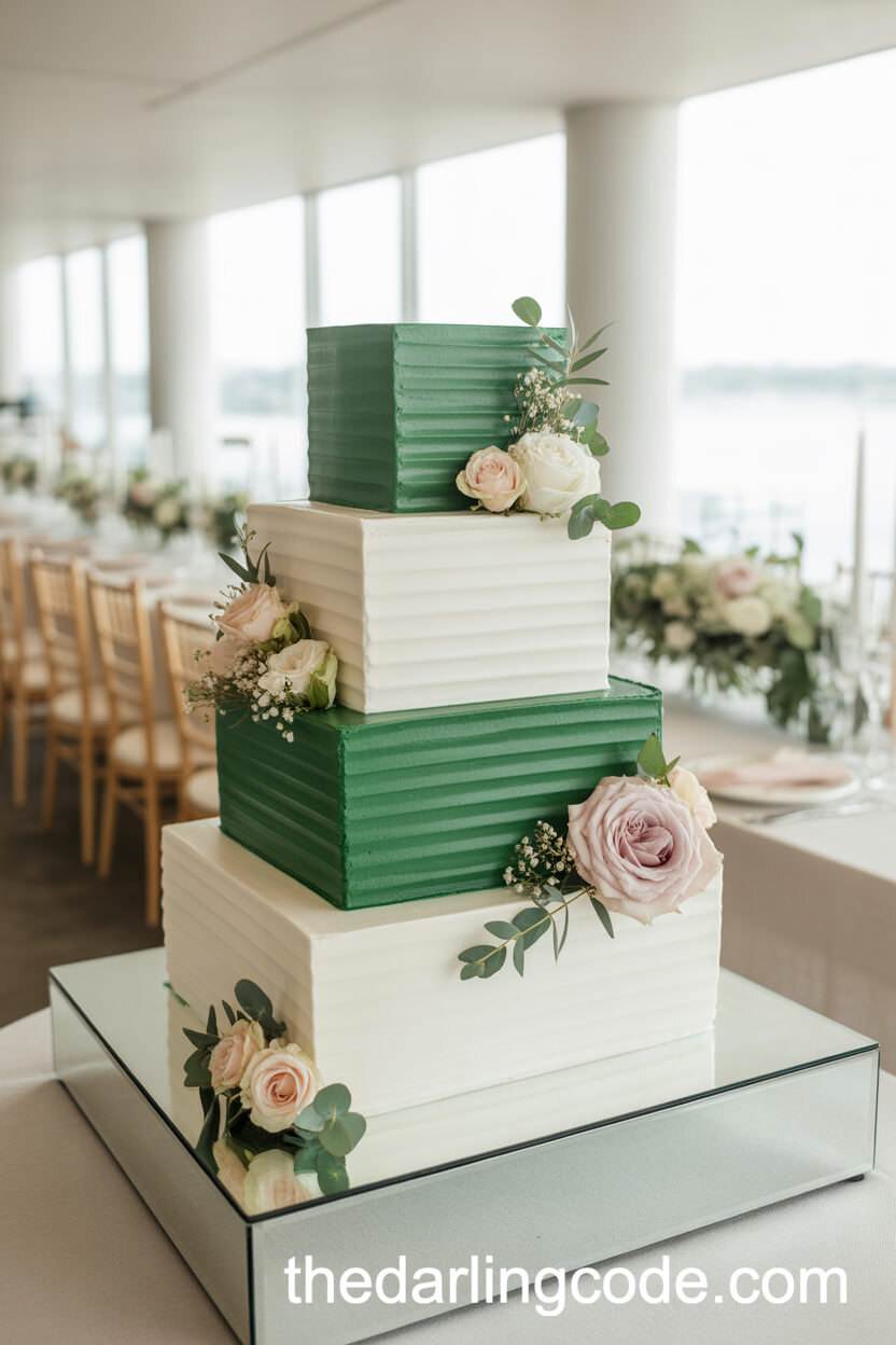 Square-Tiered Emerald And White Cake With Blush Floral Accents