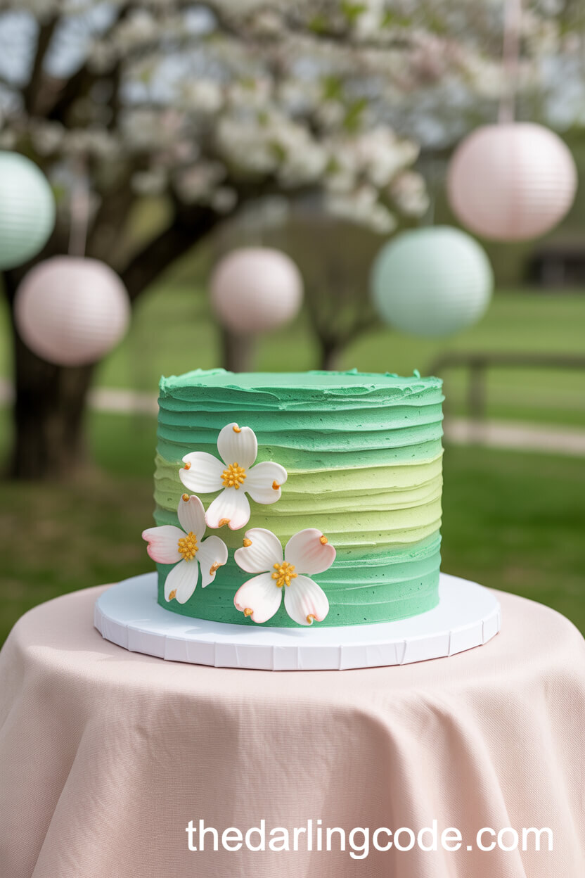 Emerald And Pale Green Watercolor Cake With Sugar Dogwood Blossoms