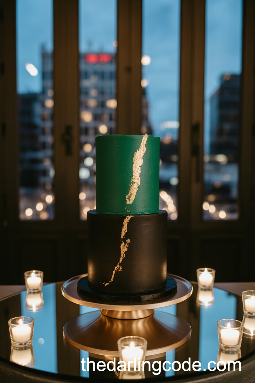 Two-Tone Emerald And Black Cake With Gold Leaf Accent