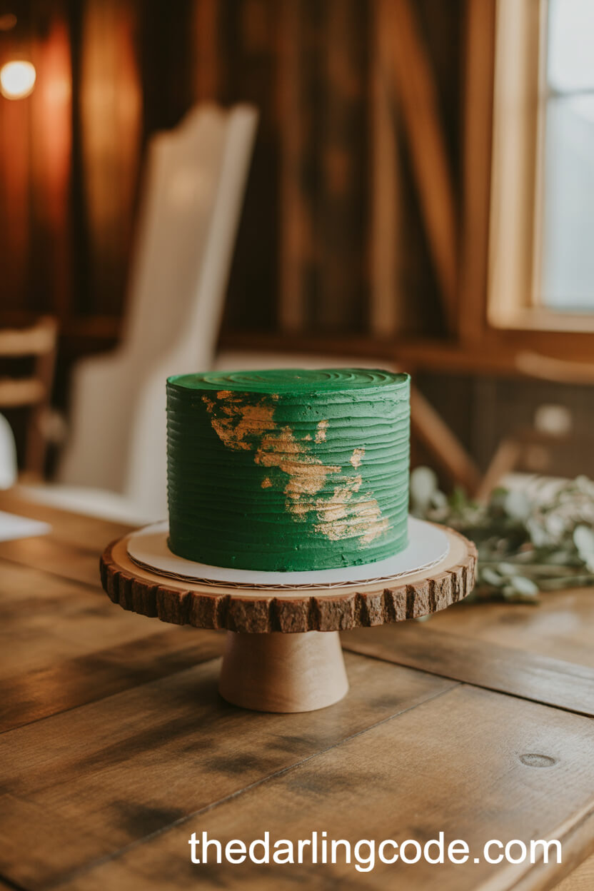 Rustic Single-Tier Emerald Green Cake With Gold Leaf Accents
