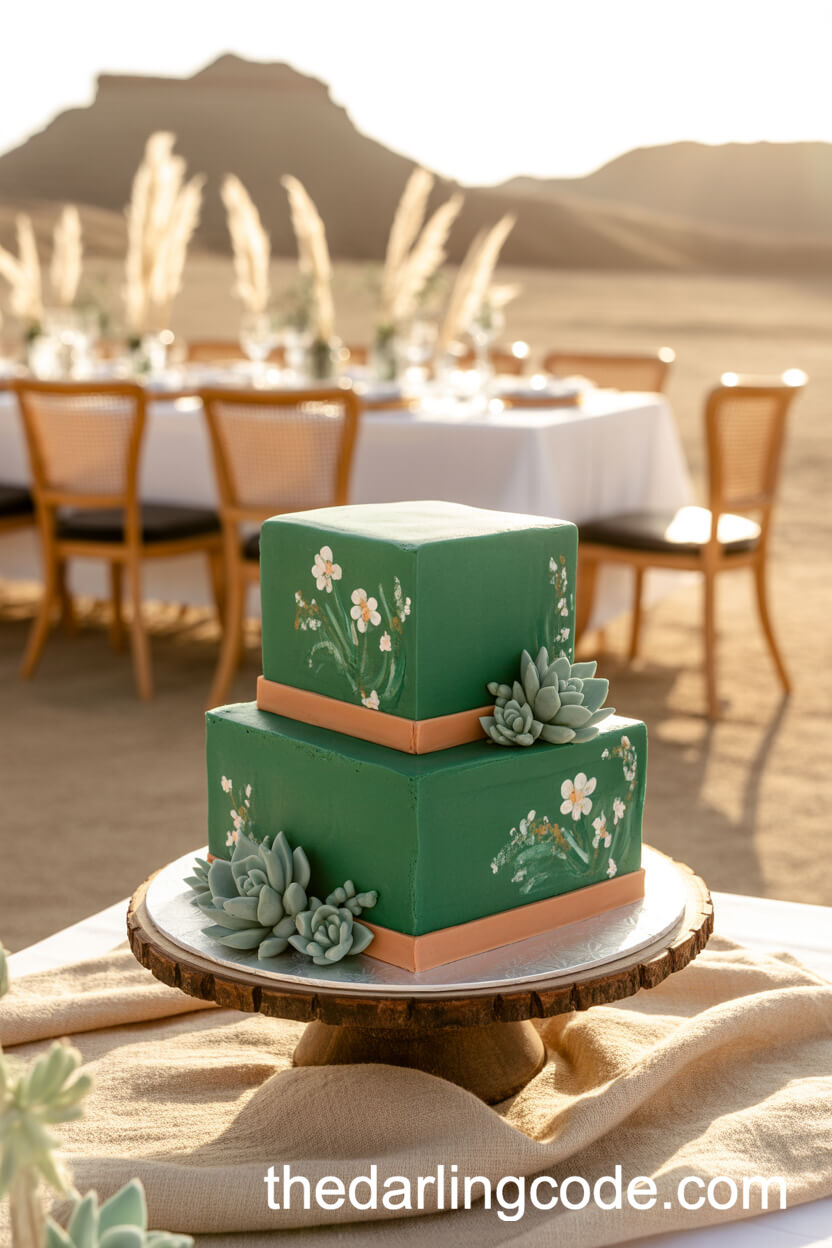 Square Emerald Cake With Terra-Cotta Bands And Wildflower Detailing