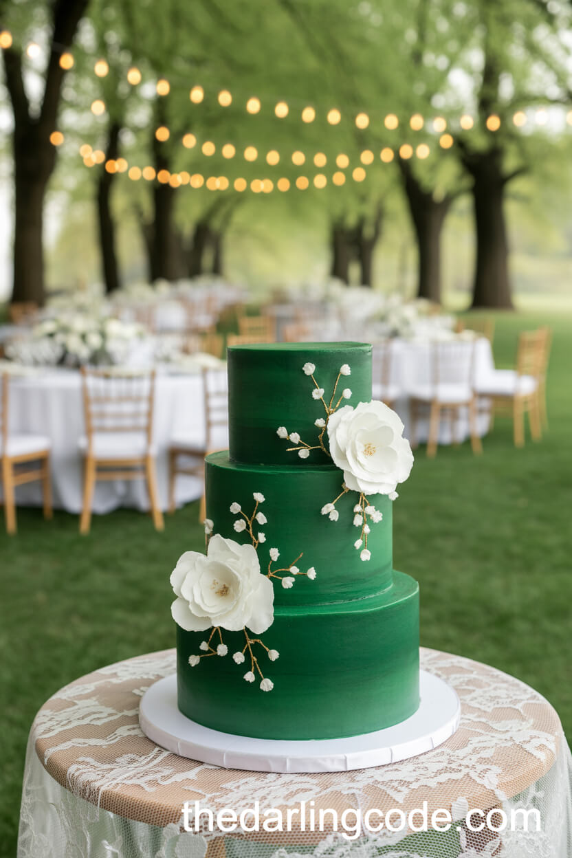 Three-Tier Emerald Green Cake With White Sugar Flowers